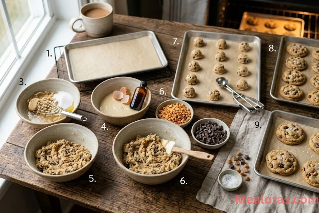 Cookie dough balls spaced on a baking sheet and golden cookies out of the oven