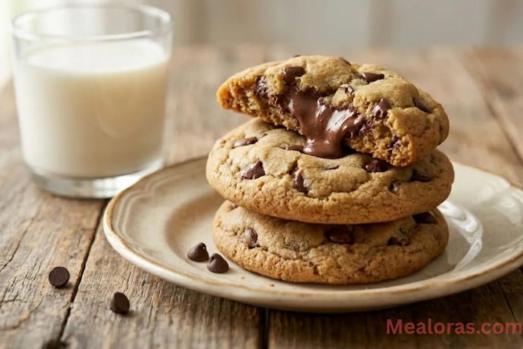 A stack of golden brown chocolate filled cookies served with a cold glass of milk