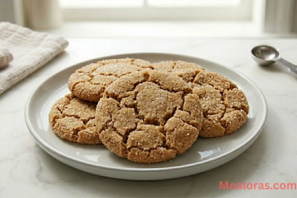 A stack of chewy peanut butter miso cookies served with a cold glass of milk