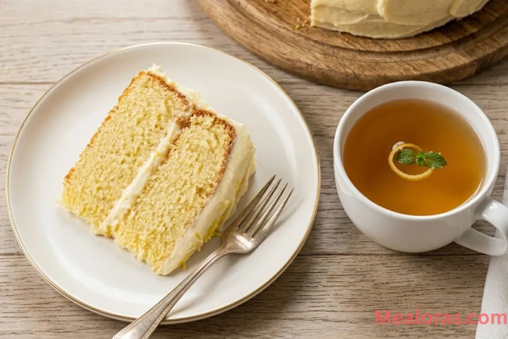 A perfect slice of lemon cake served with a side of hot tea