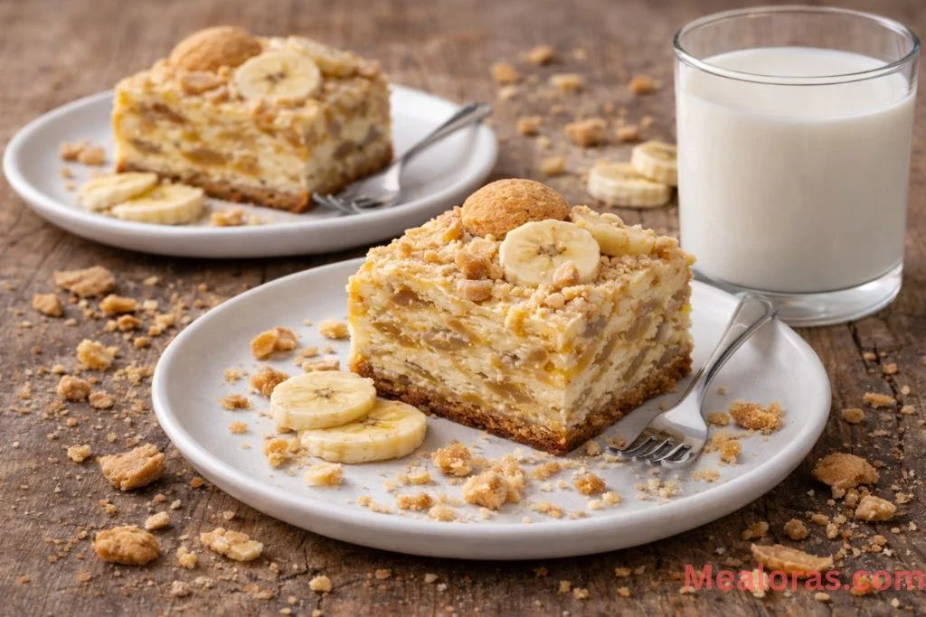 A square of banana pudding brownie served on a white plate with a glass of milk nearby