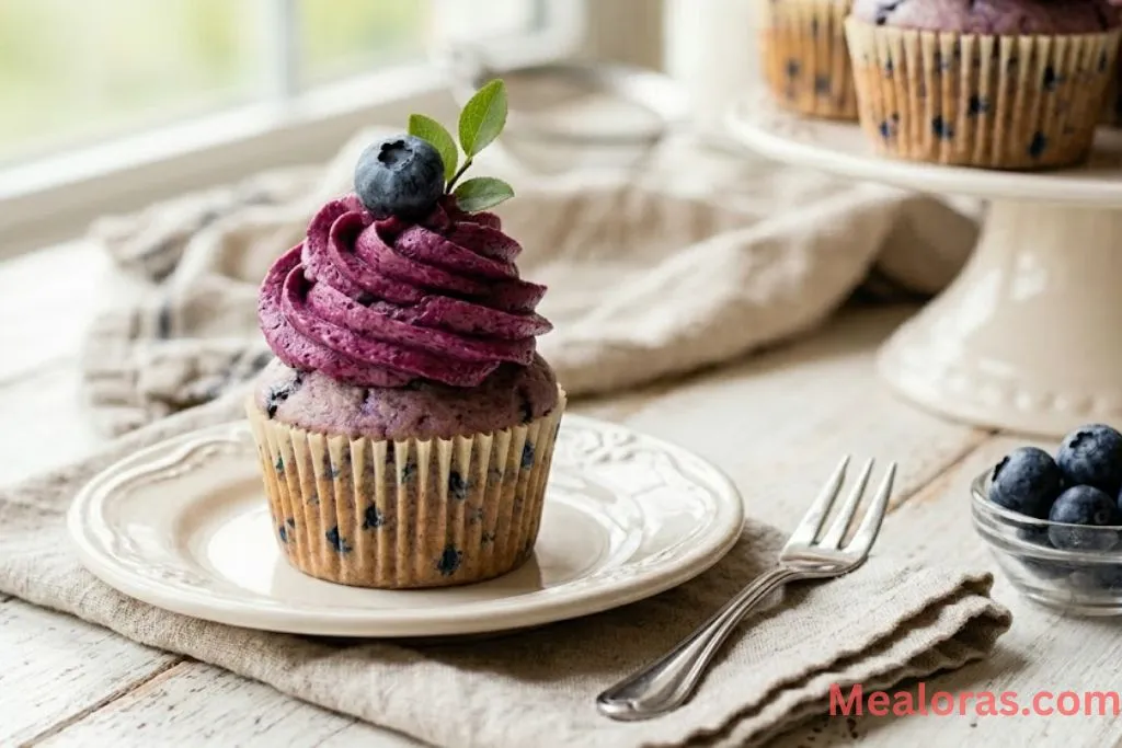 A single blueberry cupcake with a bite taken out showing the jam center