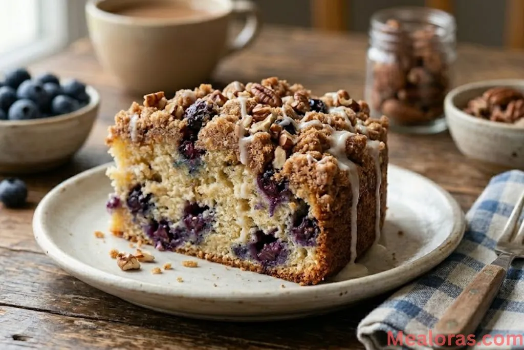A plated slice of blueberry coffee cake served with a glass of cold milk