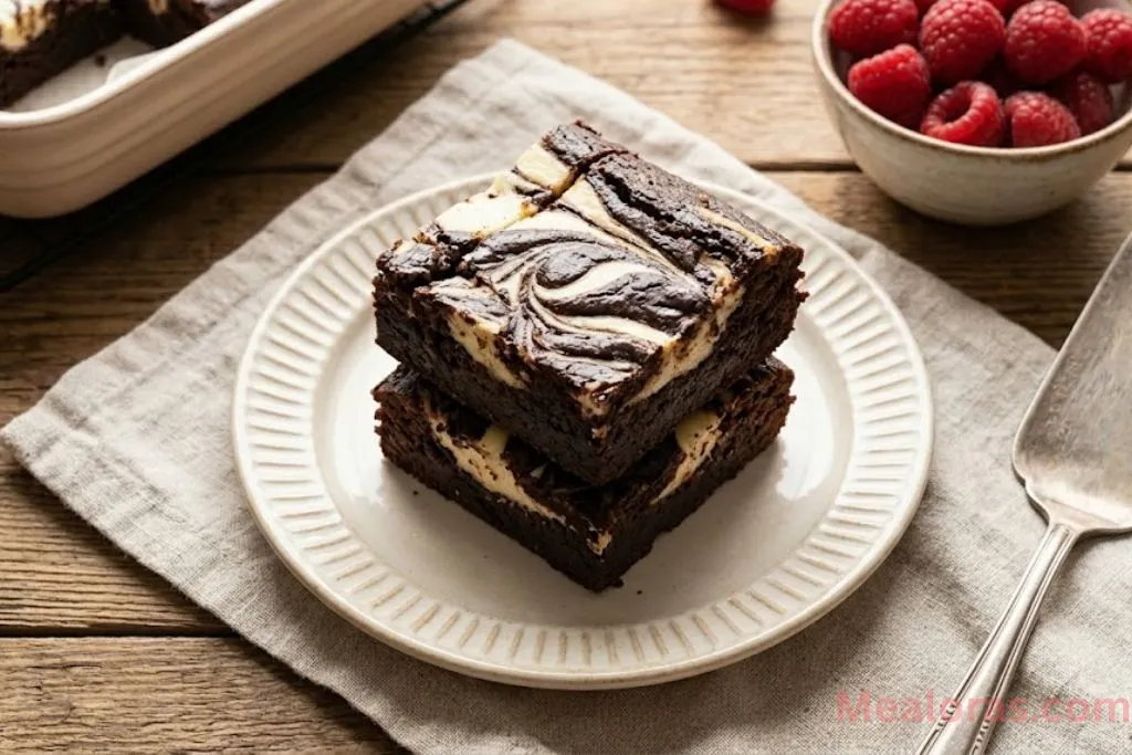 A stack of two cheesecake marble brownies served on a plate with a glass of cold milk