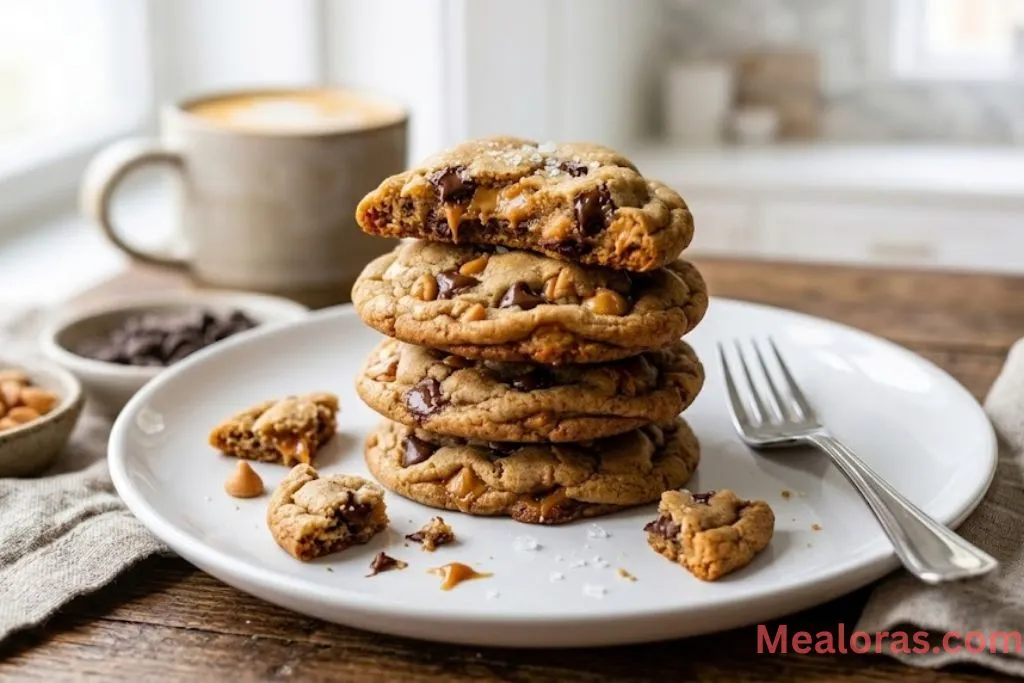 A plate of warm butterscotch cookies served with a tall glass of cold milk
