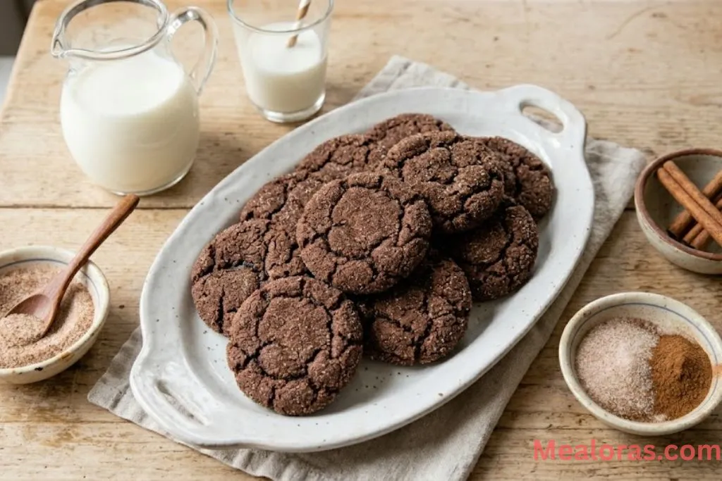 A plate of chocolate snickerdoodles served with a glass of milk on a clean background