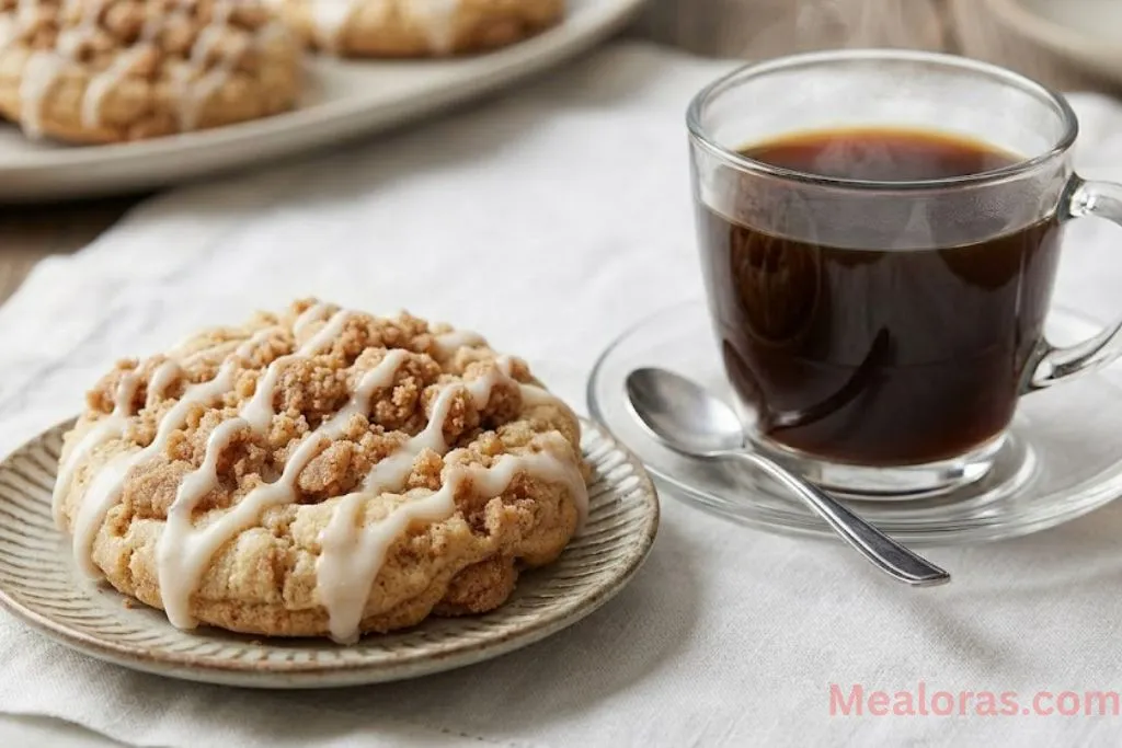 A plate of glazed coffee cake cookies served next to a warm cup of decaf coffee