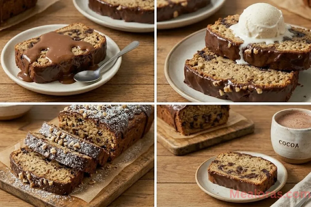 A warm slice of banana bread with melted chocolate glaze on a plate