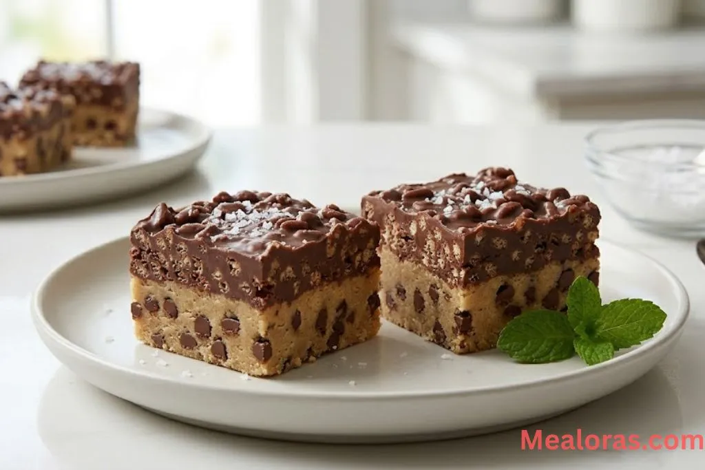 A plate of sliced crunch bars served alongside a cold glass of milk