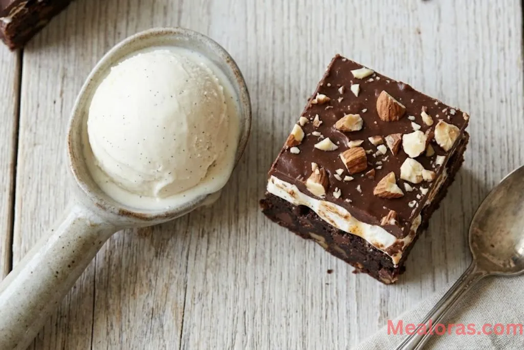 Brownies topped with different nuts and extra chocolate drizzle