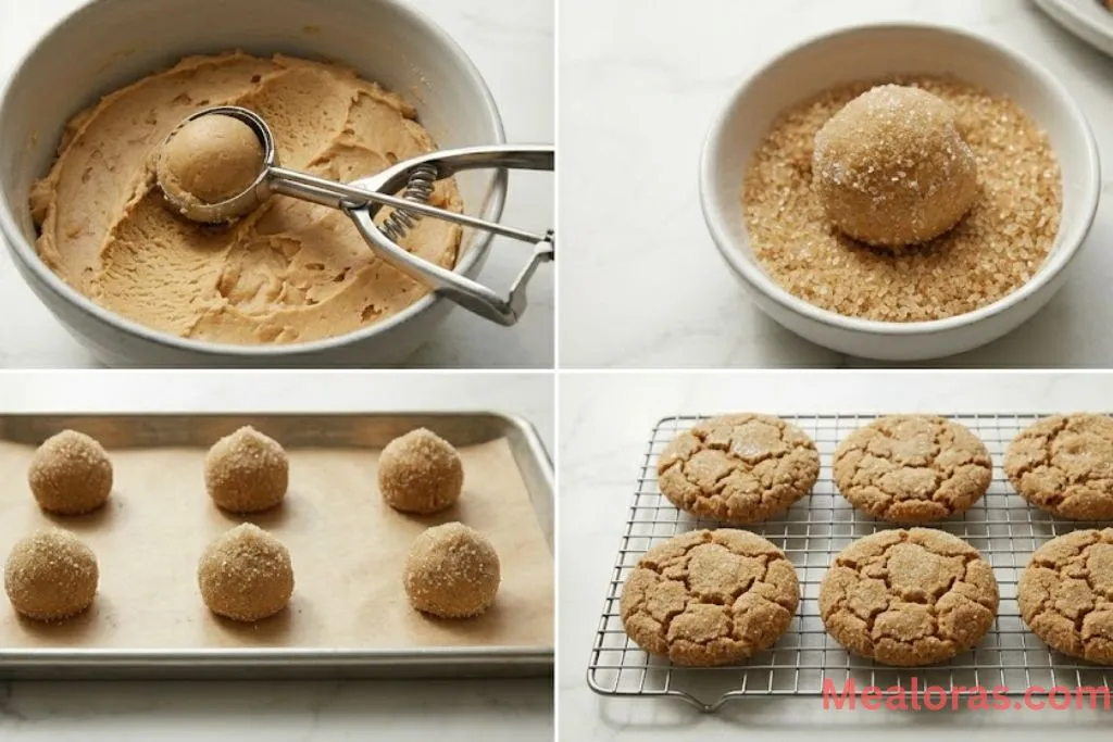Grid showing chilled dough balls, rolling in cane sugar, and baking until golden