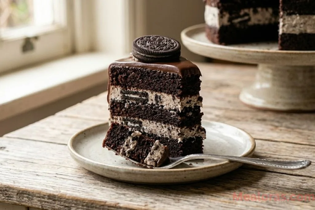 single slice of dark chocolate Oreo cake on a white plate with a fork