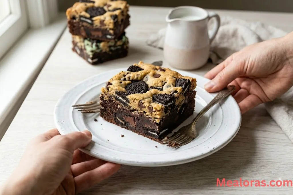 A single Oreo brookie square served on a white plate with a glass of milk