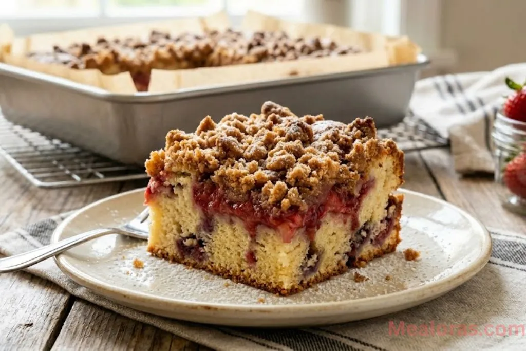 square slice of strawberry crumb cake on a plate with a light dusting of sugar