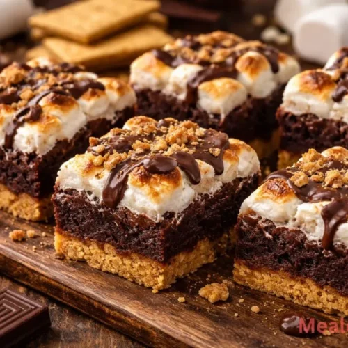 slice of a toasted s’mores brownie with layers of graham cracker, fudge, and marshmallow on a plate