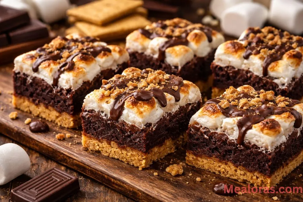 slice of a toasted s’mores brownie with layers of graham cracker, fudge, and marshmallow on a plate
