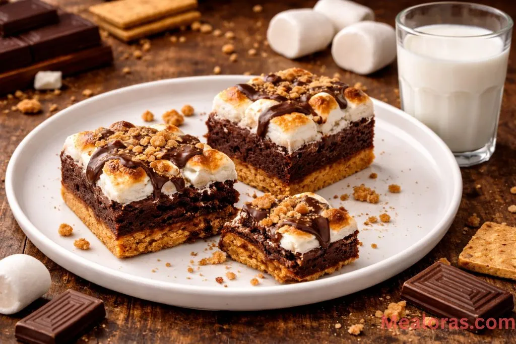 A stack of s'mores brownies served with a glass of milk on a rustic wooden table