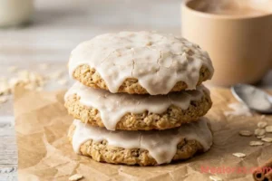 A stack of chewy oatmeal cookies with a crackled vanilla glaze on parchment paper