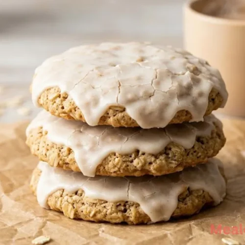 A stack of chewy oatmeal cookies with a crackled vanilla glaze on parchment paper