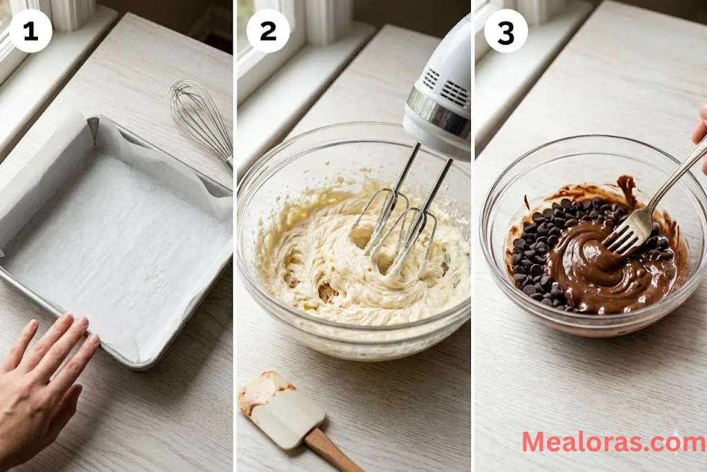 Collage showing creamed butter and sugar, mixed cookie dough, and melted chocolate