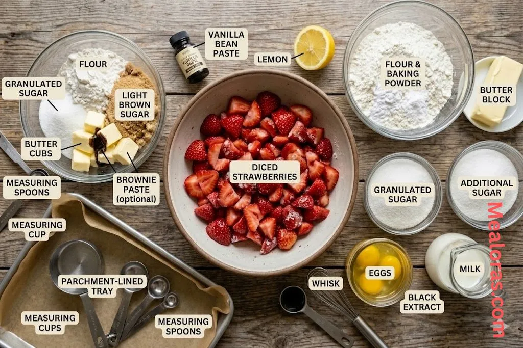 strawberries, flour, butter, buttermilk, and vanilla bean paste arranged on a white counter