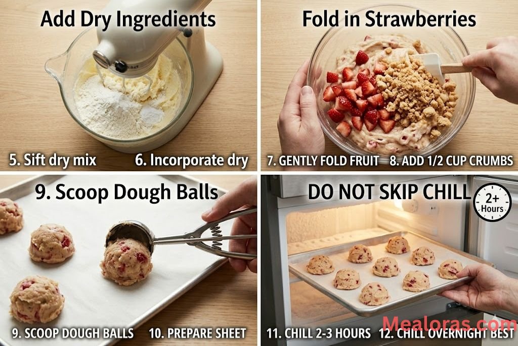 Folding in strawberries and chilling the cookie dough balls before baking