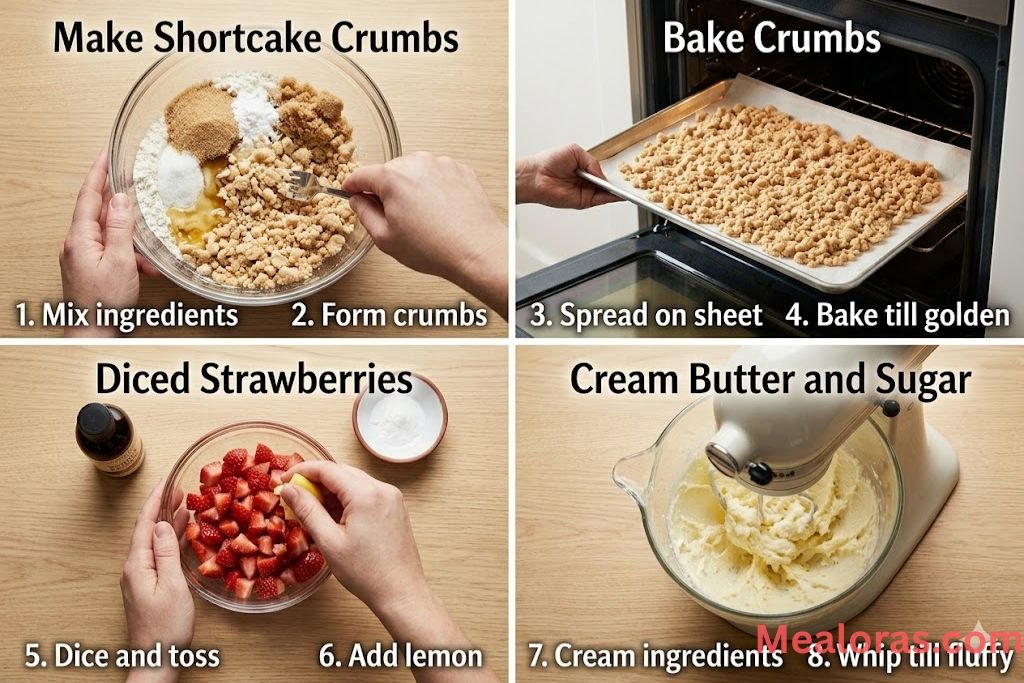 Step-by-step process of making shortcake crumbs and creaming butter and sugar