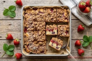 A golden-brown strawberry crumb cake with a thick layer of crispy crumbles and fresh berry slices