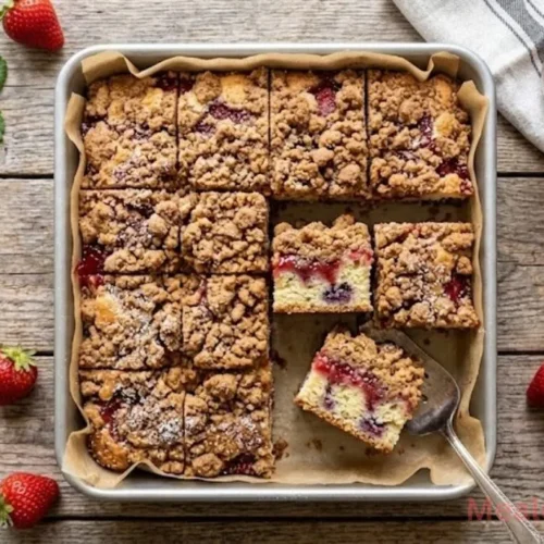 A golden-brown strawberry crumb cake with a thick layer of crispy crumbles and fresh berry slices