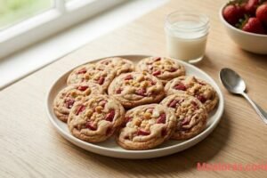 Over-the-shoulder view of soft strawberry shortcake cookies with golden edges