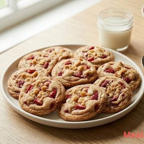 Over-the-shoulder view of soft strawberry shortcake cookies with golden edges