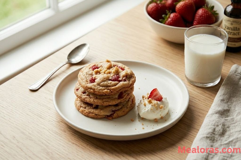 A stack of fresh strawberry shortcake cookies on a minimalist ceramic plate