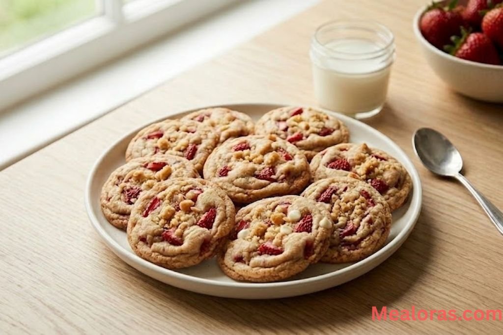 Over-the-shoulder view of soft strawberry shortcake cookies with golden edges