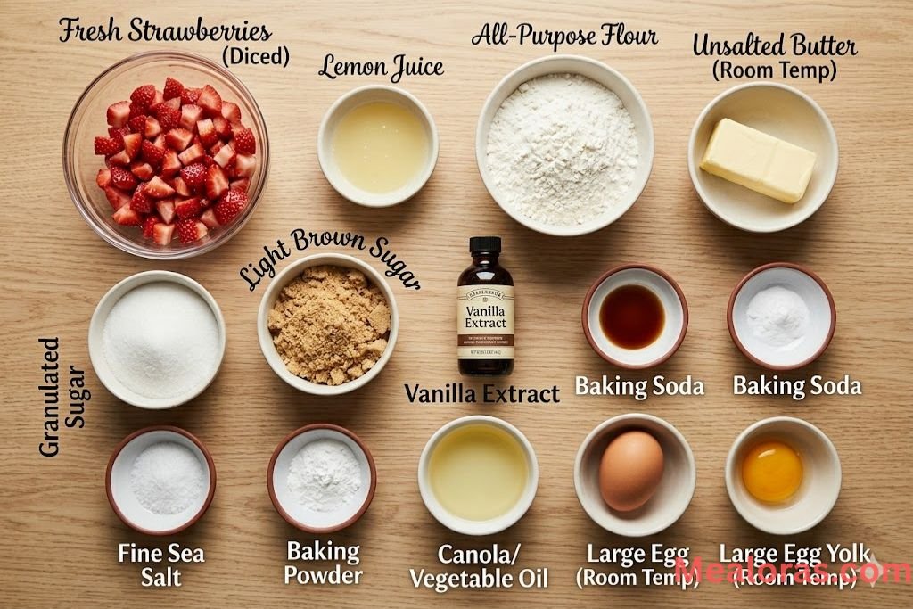 diced strawberries, flour, butter, and bowls of sugar on a clean white surface