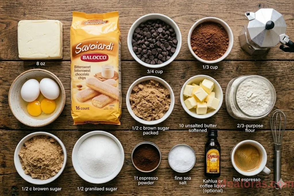 ingredients for brownies including mascarpone, espresso, chocolate chips, and ladyfingers on a white surface