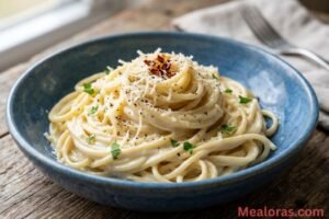 blue bowl filled with glossy cream cheese spaghetti garnished with freshly grated Parmesan and cracked black pepper