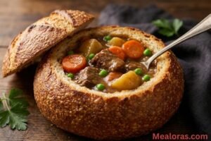 A steaming crusty bread bowl filled to the brim with thick, savory beef stew, carrots, and potatoes on a rustic wooden table