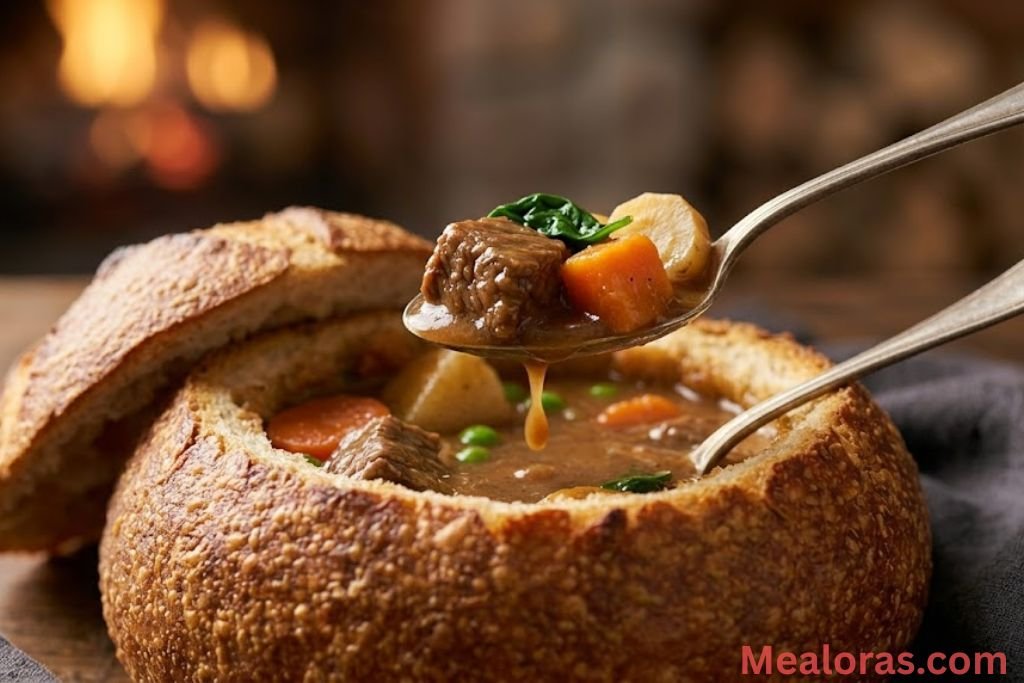 thick gravy-coated spoon lifting tender beef and potatoes out of a crispy toasted sourdough bread bowl