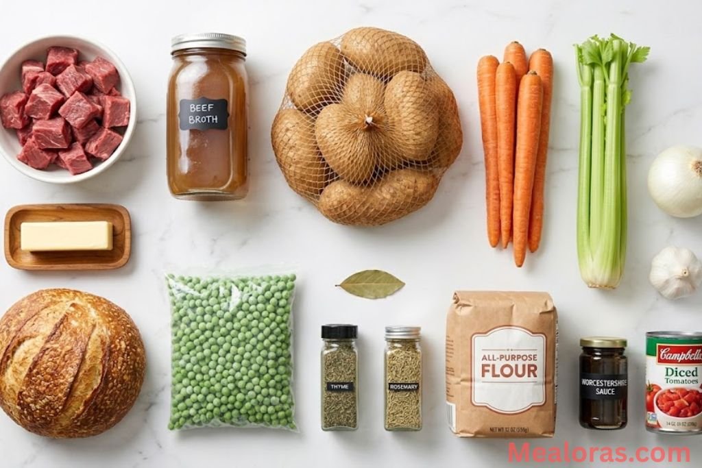 Raw cubed stewing beef, fresh potatoes, carrots, chopped celery, onions, diced tomatoes, broth, frozen peas, and round loaves arranged on a clean counter