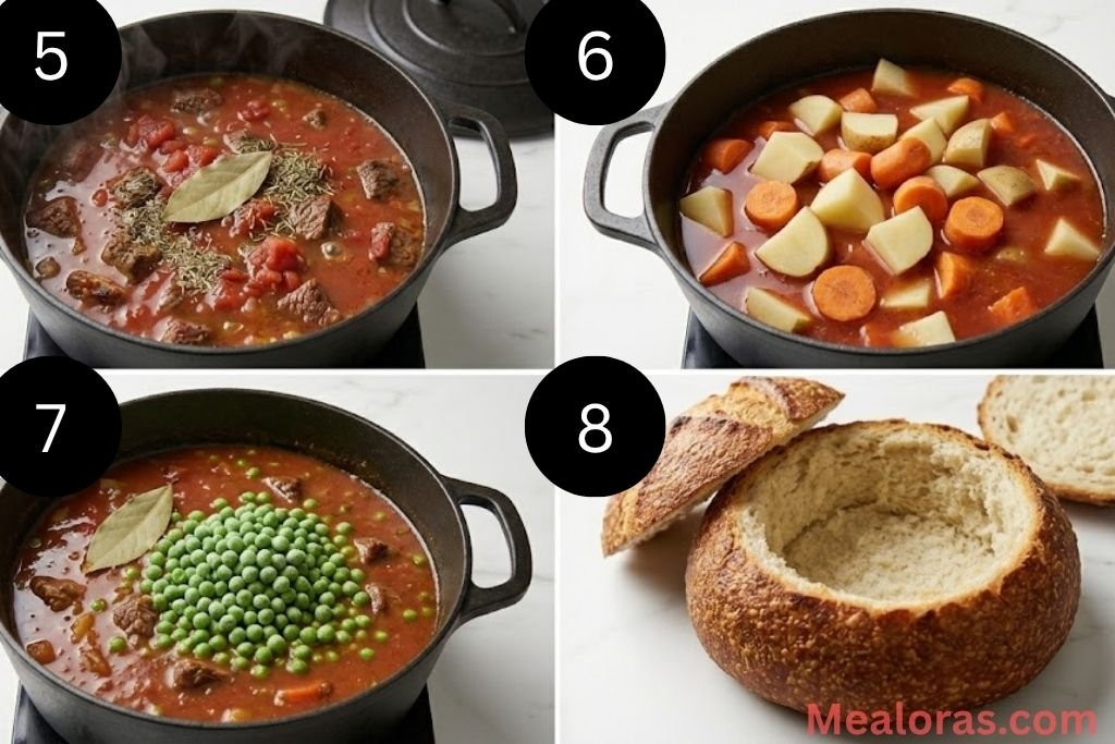 A four-panel grid showing stew simmering with herbs, root vegetables added to the pot, green peas stirred in, and a round loaf hollowed out