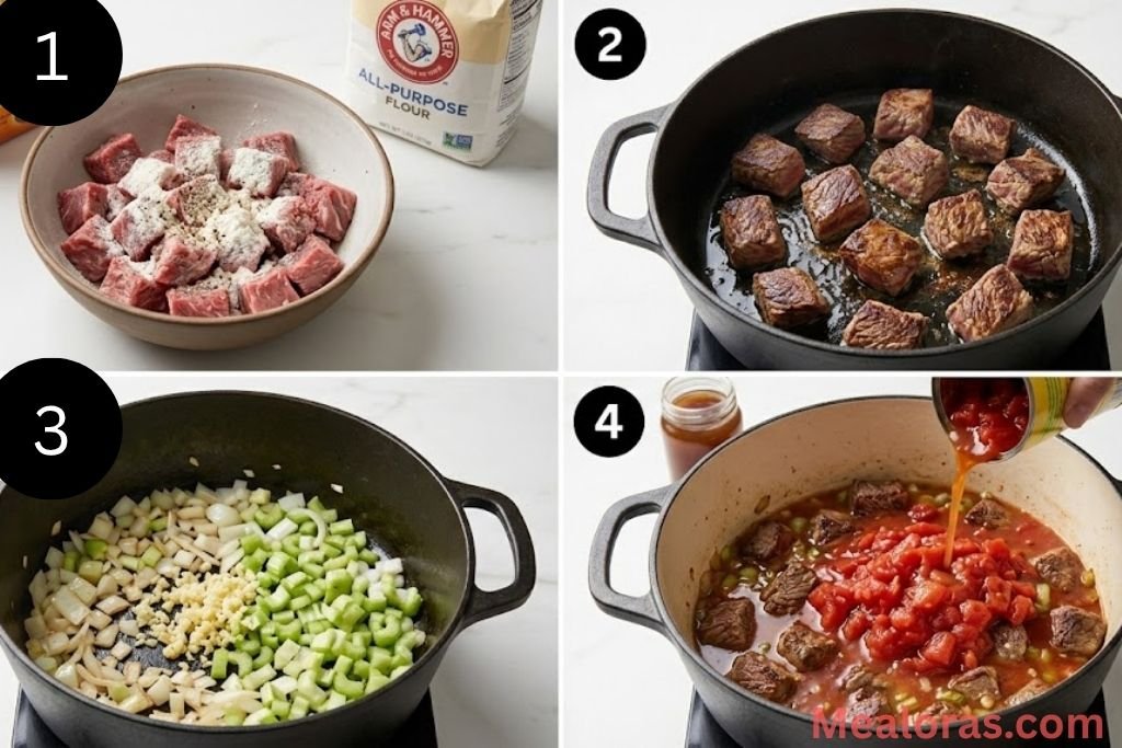 A four-panel grid showing beef cubes coated in flour, meat searing in a pot, chopped onions and celery sautéing, and diced tomatoes added to build the base