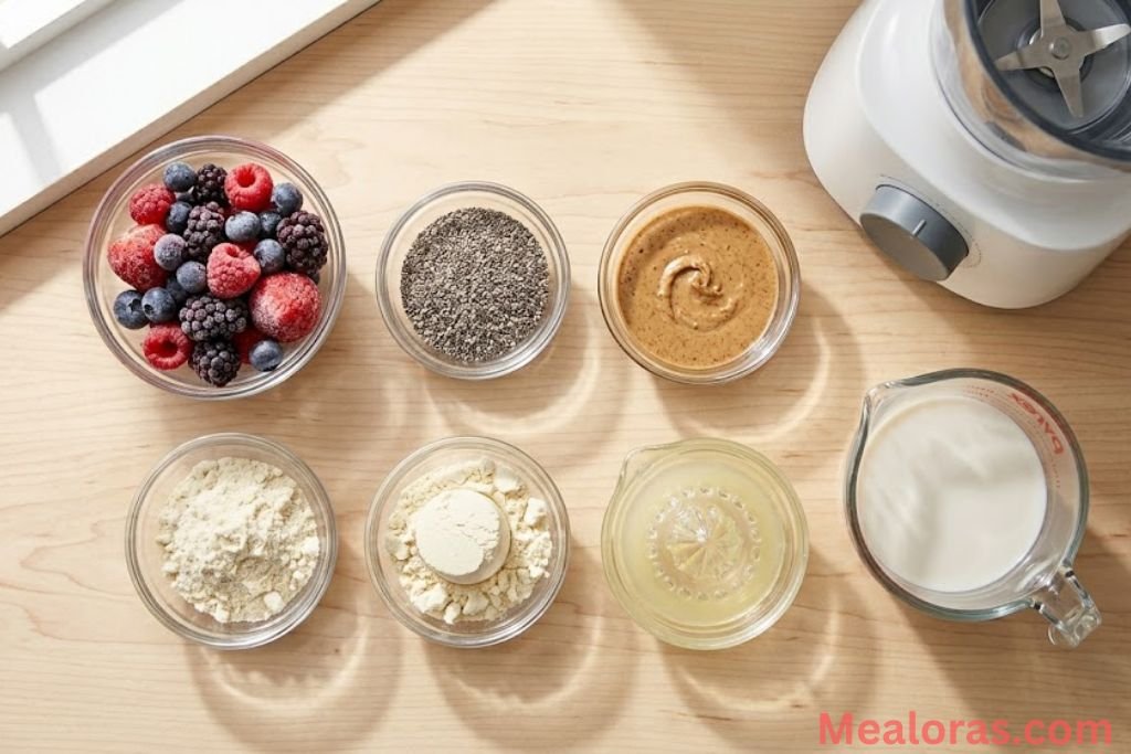 Measured ingredients for a fruit drink including frozen mixed berries, almond milk, chia seeds, almond butter, lemon, and protein powder