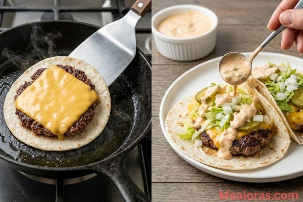Two split photos showing a flipped tortilla topped with a slice of melted American burger cheese, followed by fresh shredded lettuce, onions, and pickles being piled on top