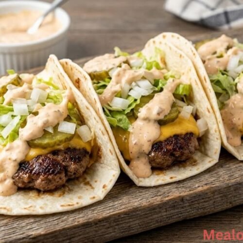 three crispy flour tortillas loaded with seasoned ground beef, melted American cheese, shredded lettuce, diced onions, pickles, and a drizzle of creamy burger sauc