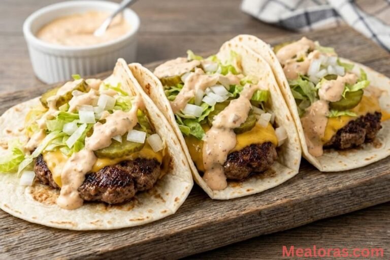 three crispy flour tortillas loaded with seasoned ground beef, melted American cheese, shredded lettuce, diced onions, pickles, and a drizzle of creamy burger sauc