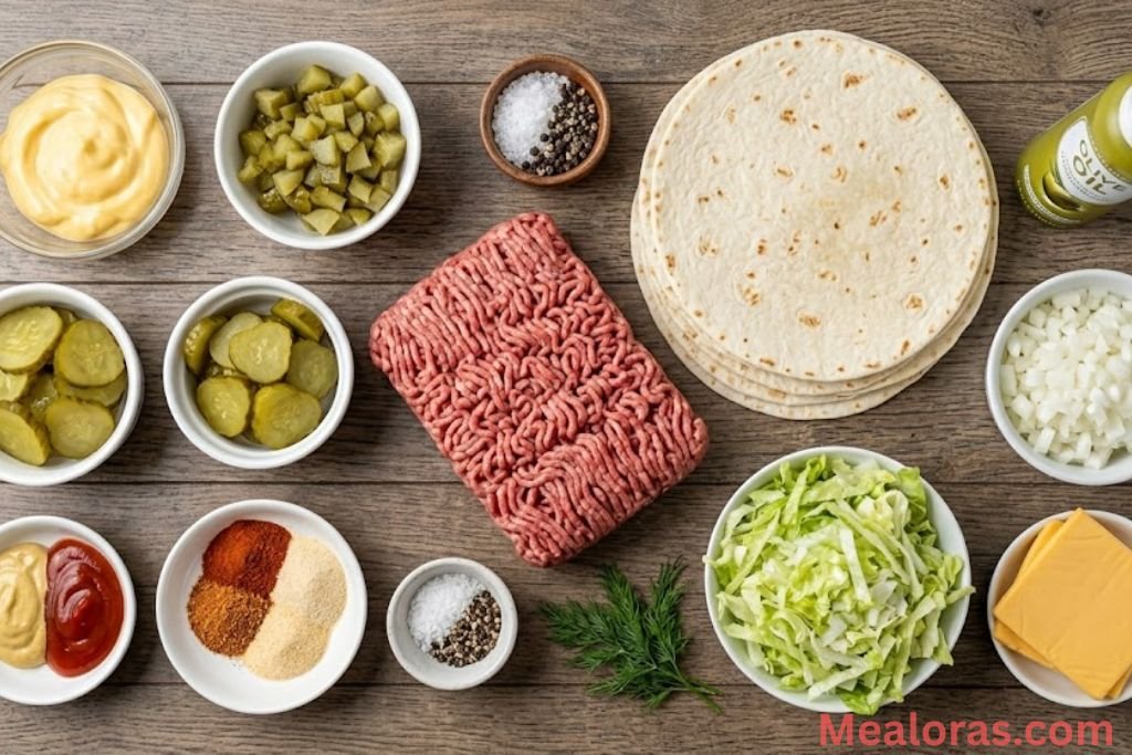 An overhead view of recipe ingredients including ground beef, small flour tortillas, burger cheese slices, mayonnaise, pickles, ketchup, mustard, lettuce, onion, and spices in small bowls