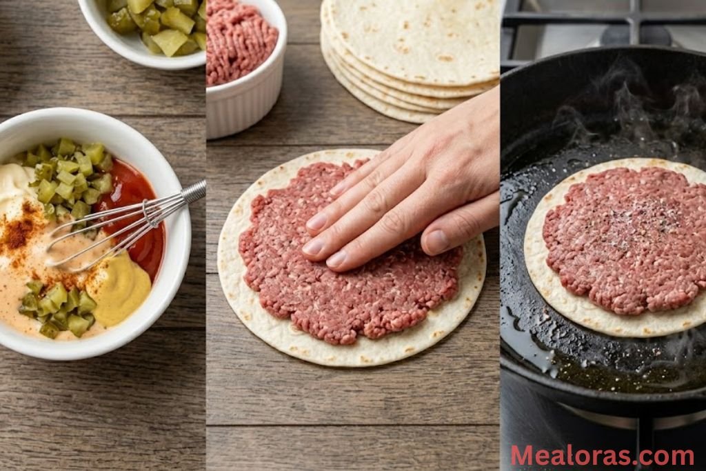 Three step-by-step photos showing burger sauce being mixed in a bowl, raw ground beef pressed evenly onto a flour tortilla, and the tortilla placed meat-side down in a hot skillet