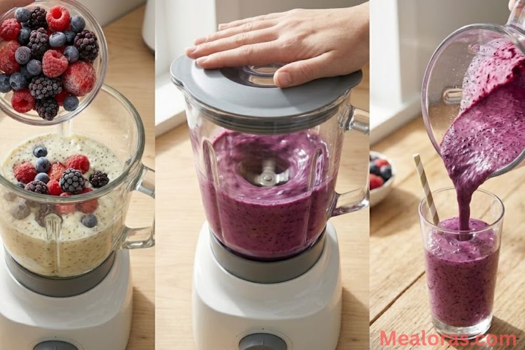 Side-by-side photos of a high-speed blender mixing frozen berries and the final thick purple liquid pouring into a serving glass