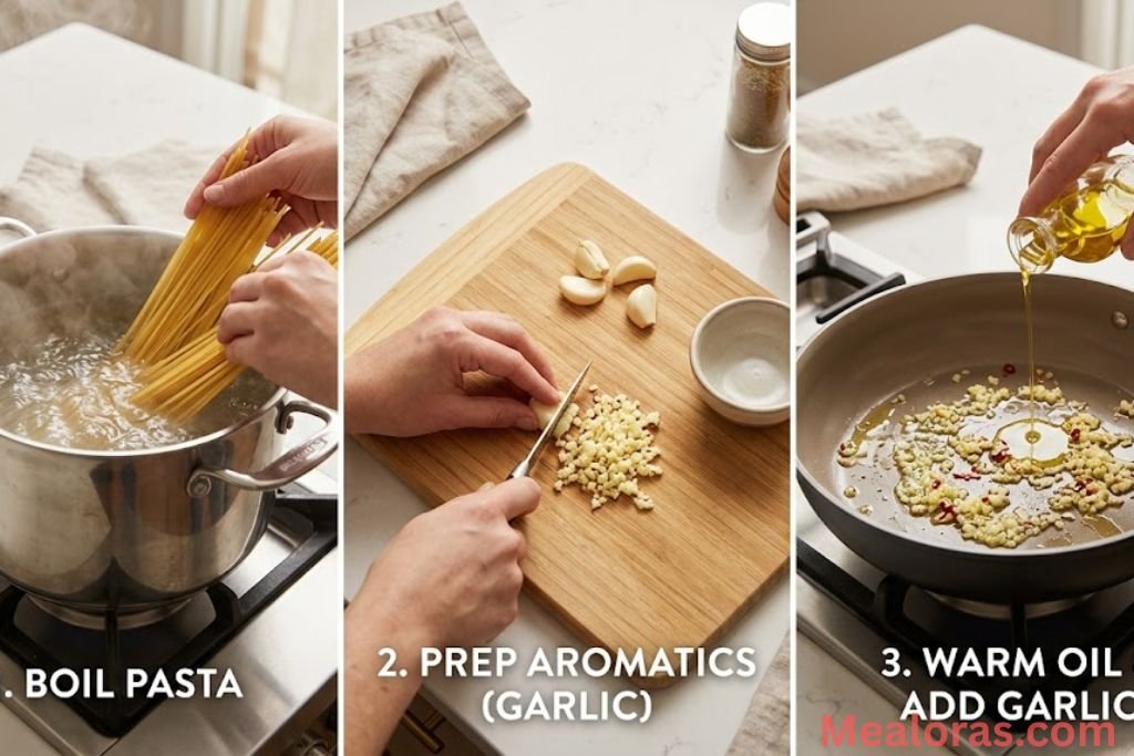 A split panel showing pasta boiling in a pot, a heatproof cup scooping out starchy water, and minced garlic frying in olive oil inside a skillet