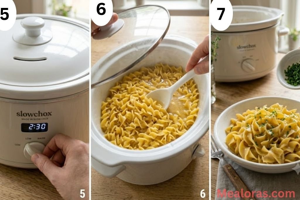 A three-panel collage showing the slow cooker covered with a lid, the noodles being stirred halfway through cooking, and the final soft, moist, and steaming hot results inside the machine